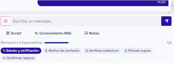 Captura de ContactIA: el caso abierto. El guion del agente paso a paso, bajo la conversación en curso.