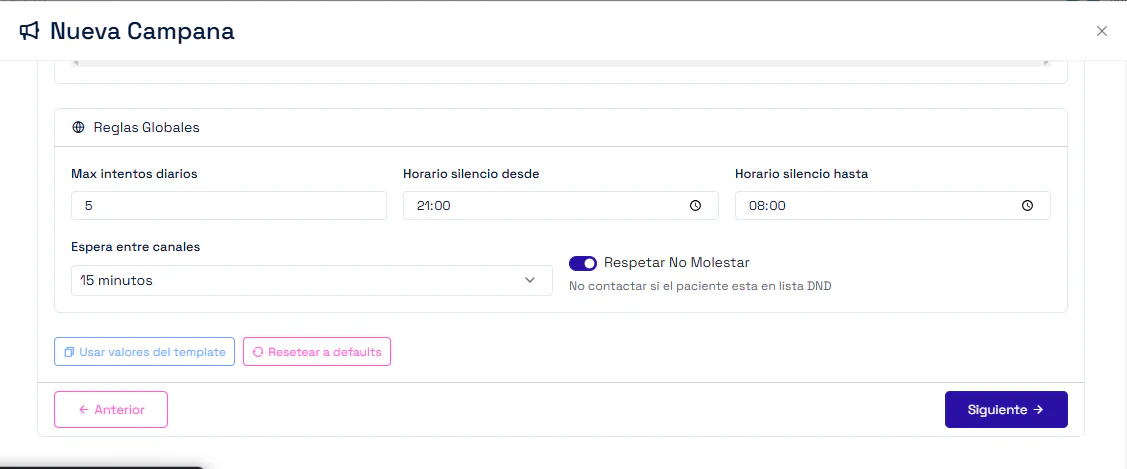 Captura de ContactIA: reglas por canal. Intentos, intervalos y horario de silencio.